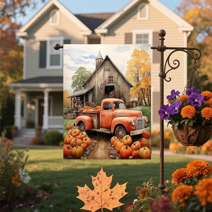Fall Garden Flags 12x18 Double Sided, Truck Pumpkin Yard Flags for Outside, Small Yard Flags Decorations for Home Outdoor Decorations