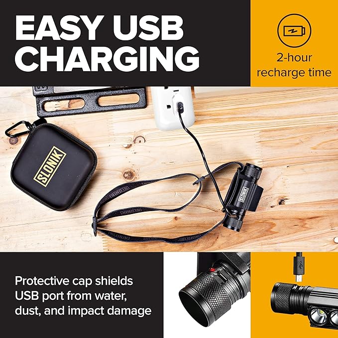 SLONIK Headlamp Rechargeable - 1000 Lumen LED USB Rechargeable Headlight - IPX4 Waterproof Head Lamp with Bright 60 ft Flashlight Beam - Hiking & Outdoor Camping Gear, Black - LED Headlamp