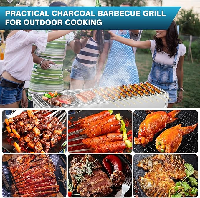 IRONWALLS Portable Charcoal Grills, 32" x 8" Stainless Steel Folded Camping Grill Kebab Skewer BBQ Barbecue Grill Kit for Garden Backyard Party Picnic Travel Home Outdoor Cooking Use