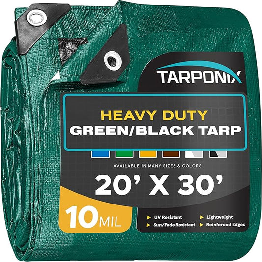 20' x 30' Dual-Sided Heavy-Duty Tarp – 10 Mil Tear-Resistant Green & Black Cover with Reinforced Edges and Anti-Rust Grommets