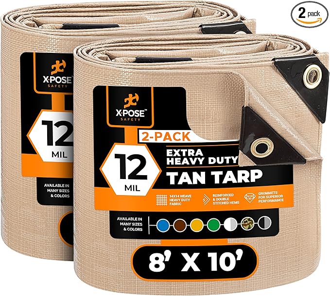 Heavy Duty Tan Poly Tarp 8' X 10' (2-Pack) - Multipurpose Protective Cover - Durable, Waterproof, Weather Proof, Rip and Tear Resistant - Extra Thick 12 Mil Polyethylene - by Xpose Safety