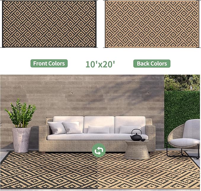 GENIMO Outdoor Rug Waterproof, 10' x 20' Reversible Plastic Straw Rugs, Lightweight Large RV Camping Mat for Patio, Deck, Camper, Balcony, Backyard, Picnic, Black & Brown