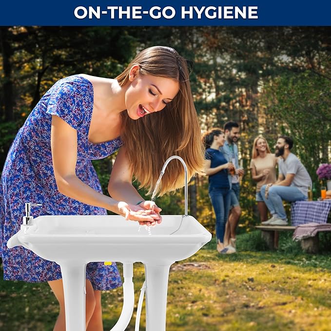 SereneLife Portable Camping Sink with 30L (7+ Gallon) Built-In Water Tank, Large Wheels, Hands-Free Foot Pump, Extra-Large Basin, and 5L Soap Dispenser – Ideal for Outdoors, Camping, and Worksites