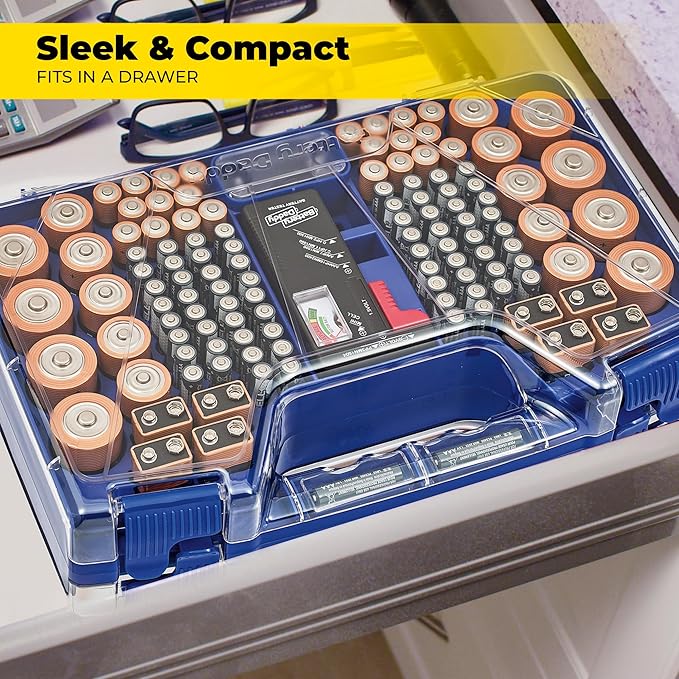 Ontel Battery Daddy Storage & Organizer Case with Tester, Stores & Protects Up to 180 Batteries, Double-Sided, Durable Design with Clear Locking Lid, Secure Latches & Portable Carrying Handle - Blue