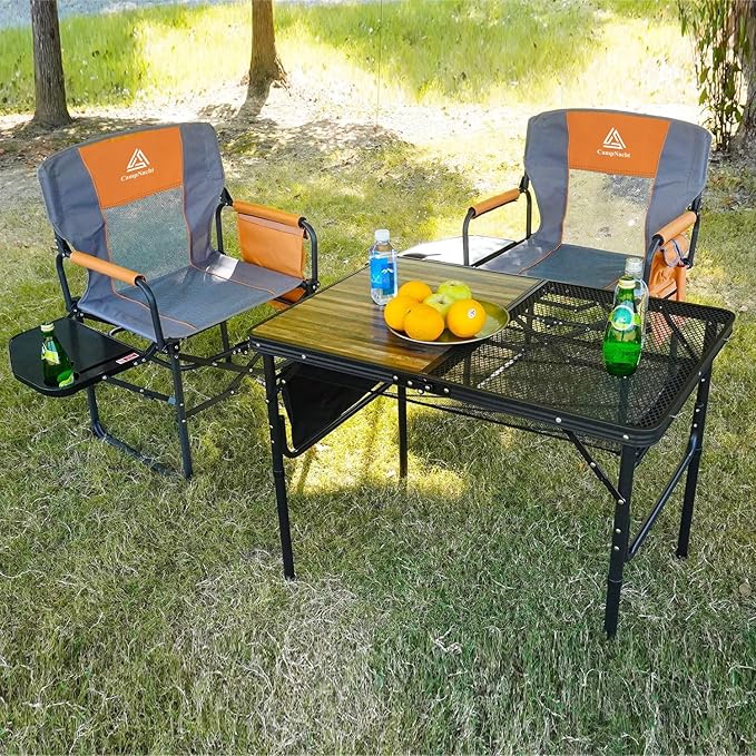 Wide Folding Director Chair with Table, Outdoor Camping Chair for Adults with Cup Holder Load 330 Lbs, Portable Lightweight Chair for Outside with Carry Bag for Patio, Orange-1Pack