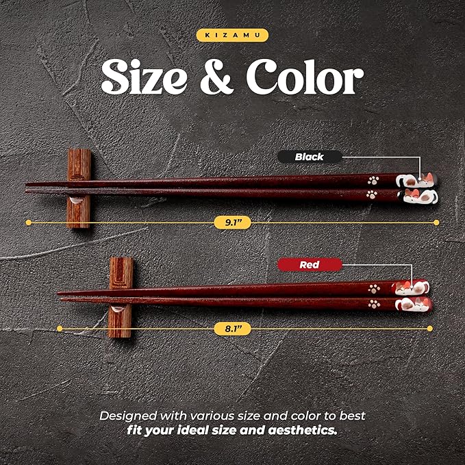 Nemuri Neko Hand-Painted Chopsticks, Traditional Aizu Maki-e Craft, Natural Wood, Wakasa Lacquer Finish Wood Gift Box Made in Japan (Black)