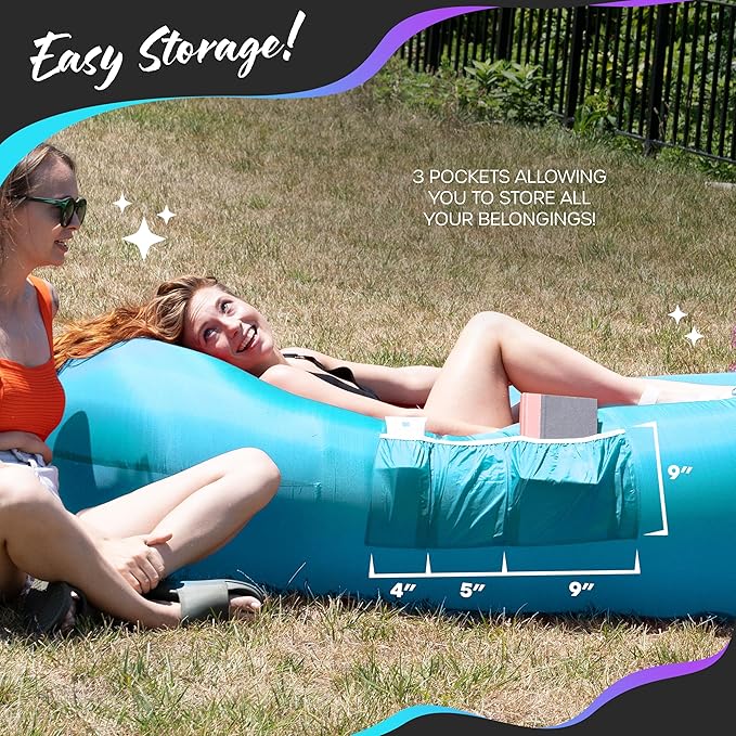 Nevlers Inflatable Lounger | 210T Polyester Inflatable Chair | No-Pump Blow Up Couch | Camping Couch Air Sofa Bed w/ 450 lbs. Cap., Pockets & Matching Bag | Use as Inflatable Couch for Adults & Kids