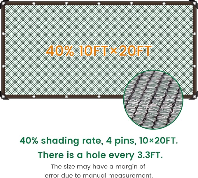 40% 10 X 20 FT Green Shade Cloth, Outdoor Woven Sun Shade with Grommets, Durable Breathable Netting Shading Antifreezing for Patio, Garden, DIY Home, Plants Cover, Greenhouse, Dog Kennel