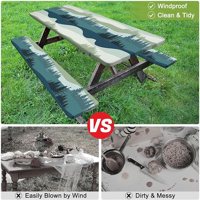 Picnic Table Cover with Bench Covers Camping Tablecloth with Storage Bag Windproof Waterproof Picnic Table Covers with Elastic for Camping