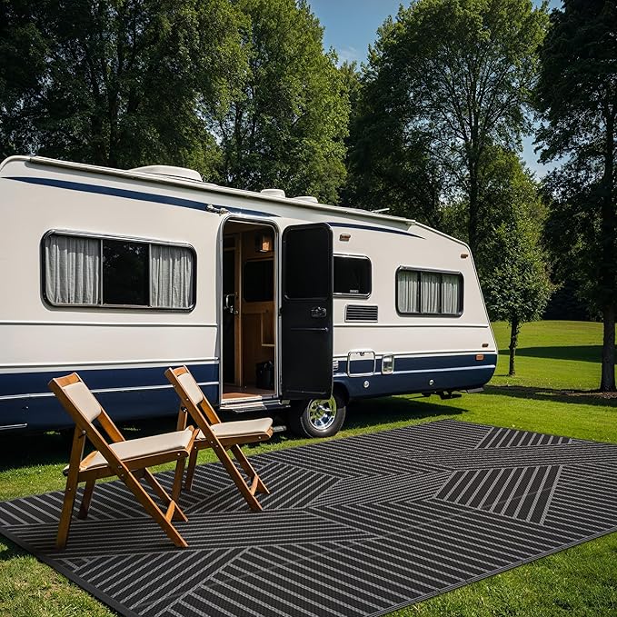 GENIMO Outdoor Rug for Patio Clearance,9'x12' Waterproof Large Mat,Reversible Plastic Camping Rugs,Rv,Porch,Deck,Camper,Balcony,Backyard,Black & Gray