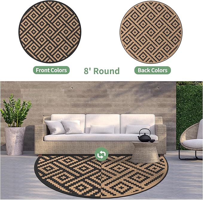 GENIMO 8' Round Outdoor Rug for Patios Clearance, Reversible Plastic Straw Rugs, RV Camping Mat for Camper, Balcony, Backyard, Picnic, Deck, Black & Brown