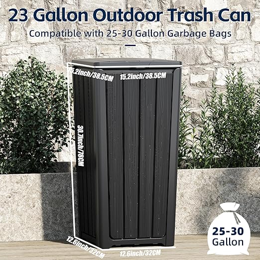Outdoor Trash Can 23 Gallon Garbage Can with Lid Waterproof Resin Garbage Patio Waste Bin for Garden, Backyard, Deck,Black