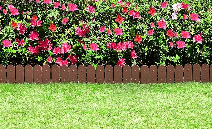 Evelyne Garden Border Edging: Wooden Fence Design - 8pcs Brown Yard Landscaping Fence Liner Lawn Edge Barrier - 10ft Kit of Decorative Lawn Landscape Panels Elements -Landscaping Edging-GMT-10374-A08