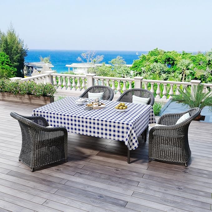 misaya Rectangle Waterproof Vinyl Table Cloth, Buffalo Flannel Backed Tablecloth, Wipeable Plastic Table Cover for Dinner, Kitchen, Outdoor (54" x 78", White and Navy)
