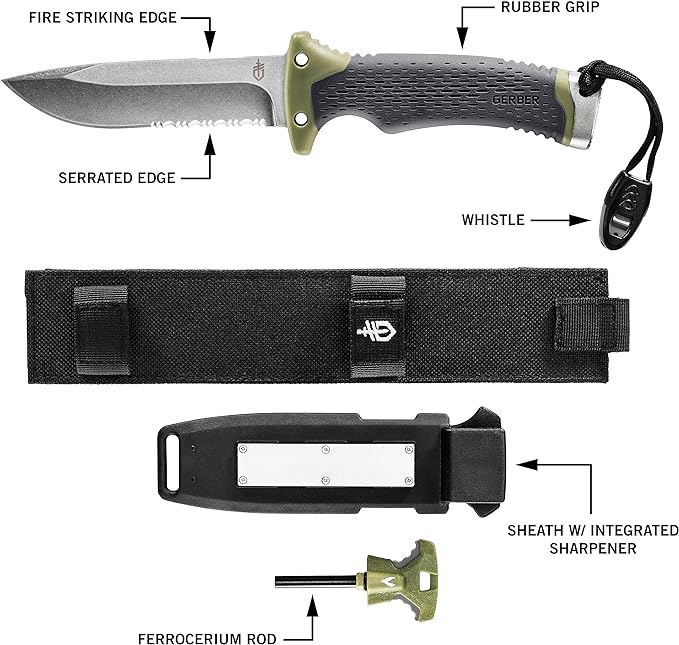 Gerber Gear Ultimate Survival Knife, Fixed Blade Knife with Combo Edge, includes Fire Starter Edge and Ferro Rod, Whistle, Sheath with Integrated Sharpener - Bushcraft, Hunting and Camping Tool