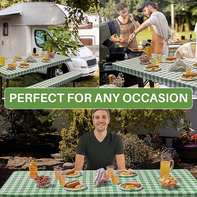 Hudson Comfort Picnic Table Cover with Bench Covers – 500 GSM Reusable Heavy Duty Vinyl Outdoor Table Cover - Waterproof Picnic Tablecloth with Carry Case (Green, 72x30 Inch) (6 Feet Long)