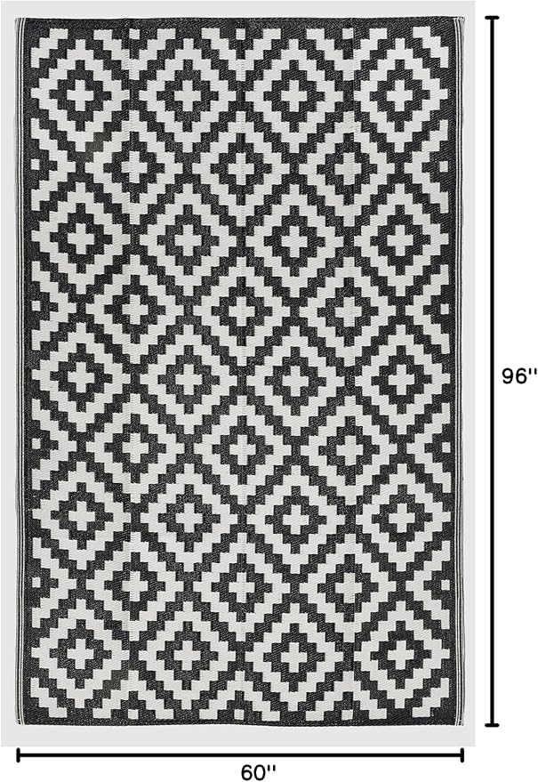 FH Home Outdoor Camping Rug - Waterproof, Fade Resistant, Reversible - Premium Recycled Plastic - Geometric - Patio, Deck, Sunroom, RV - Aztec - Black & White - 5 x 8 ft Foldable