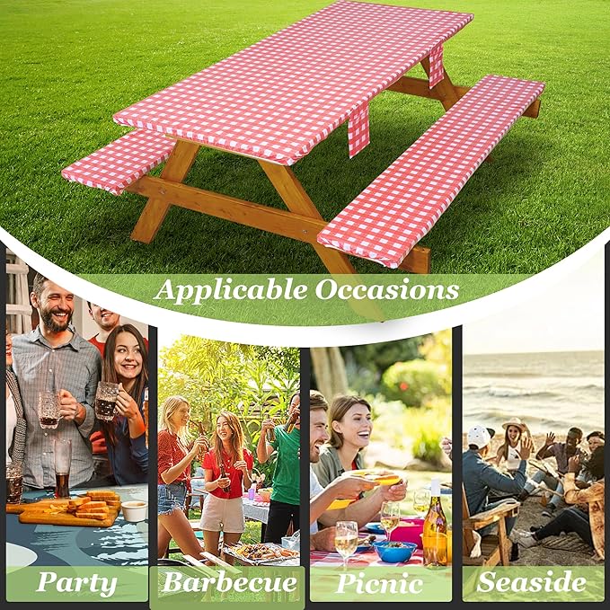 Fitted Picnic Table Cover with Bench Covers Waterproof Elastic Edges Rectangle Patio Tablecloth Outdoor Camping Essentials Stuff Rv Accessories Summer Trip Travel Supplies Party Camper Gifts, 8 ft