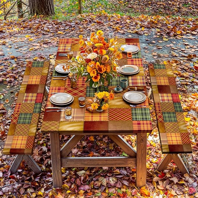 JAWO Picnic Table Covers with Bench Covers Fall Autumn Camping Tablecloth Fitted Picnic Table Cover with Elastic Windproof Waterproof Fabric, Camping Accessories Patio & Outdoor