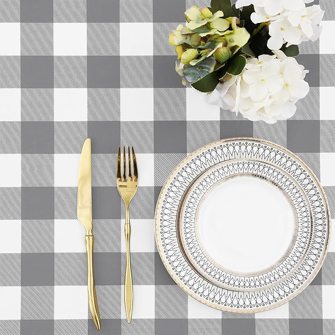 misaya Buffalo Rectangle Picnic Tablecloth, 4 Foot Elastic Fitted Vinyl Table Cloth with Flannel Backing, Waterproof Plaid Table Covers for Dining, Camping, Outdoor (Grey and White, 24" x 48")