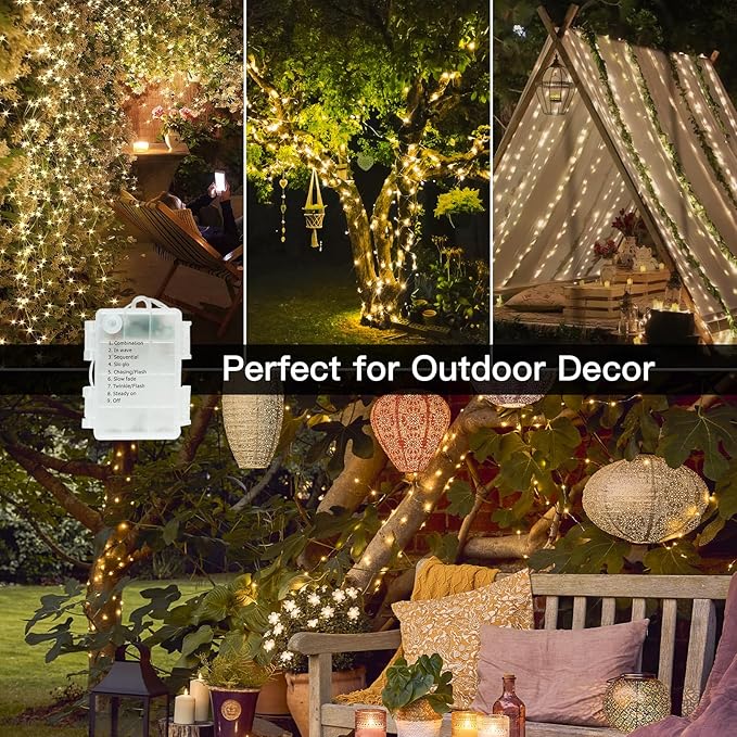 suddus 66ft 200 LED Outdoor String Lights, Warm White Christmas Fairy Light Battery Operated with Remote, Led Twinkle Lights for Bedroom, Dorm, Patio, Tapestry, Backyard, Garden, Xmas, Party, Indoor