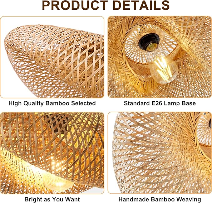 Woven Bamboo Pendant Lighting Fixtures, Bird Nest Lamp Shade Ceiling Hanging Light with Adjustable Cord for Living Room Dining Room Bar Café, Farmhouse Vintage Rustic Décor 22'', No Bulb