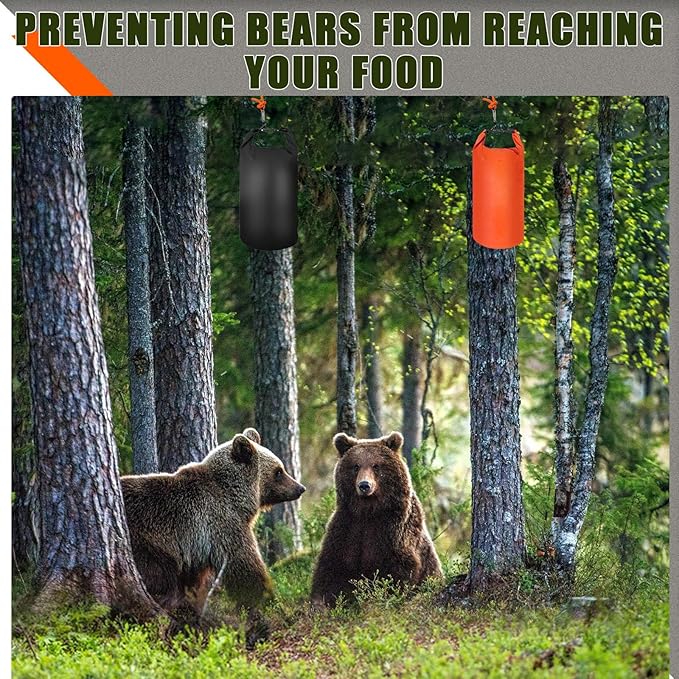 Bear Food Bag Hanging System, 2 Sets Camping Bear Bag Kit Waterproof Bear Protection Bag with Pulley System Include 10L & 15L Waterproof Bear Proof Storage Bag, Rock Bags, Carabiners, Ropes