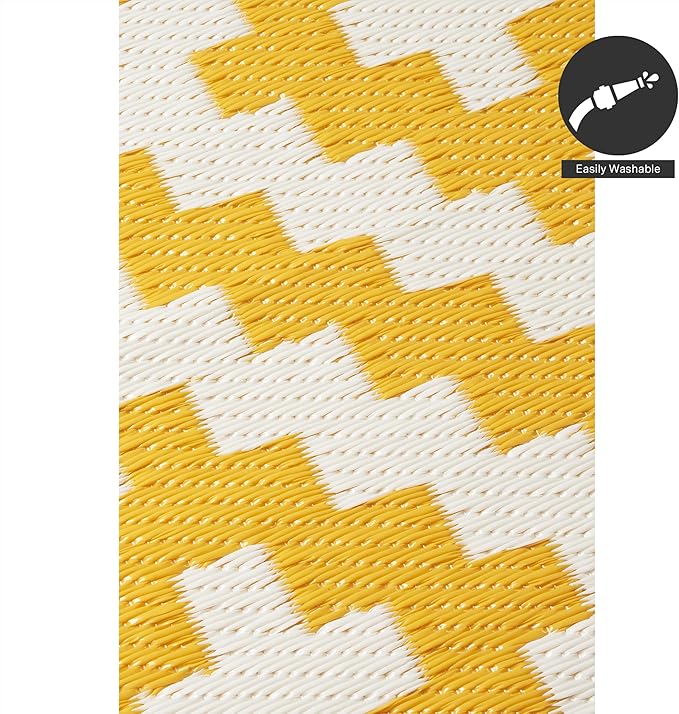 FH Home Outdoor Camping Rug - Waterproof, Fade Resistant, Reversible - Premium Recycled Plastic - Geometric - Large Patio, Deck, Sunroom, RV - Aztec - Yellow & White - 9 x 12 ft Foldable