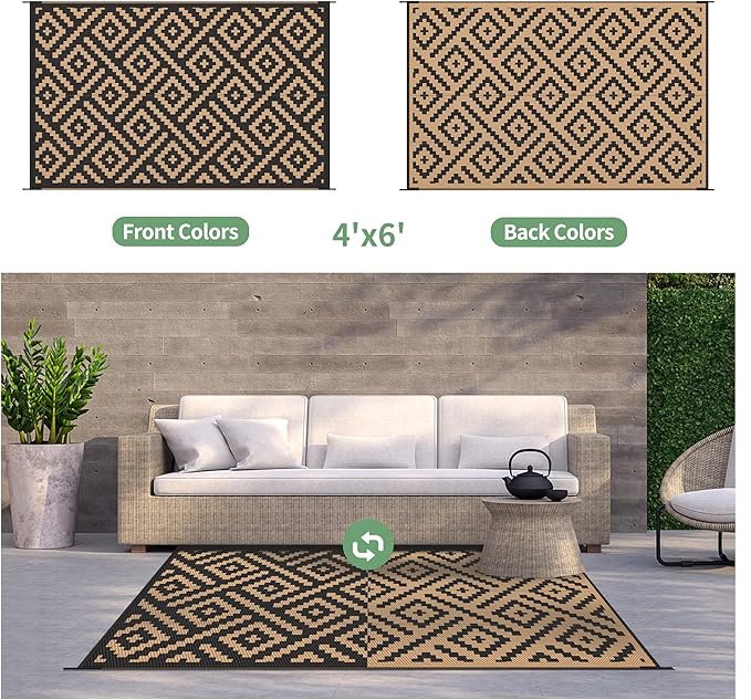 GENIMO Outdoor Rug 4x6 Waterproof, Reversible Mats, Outdoor Area Rug, Plastic Outside Carpet, Eeometric Rv Mat for Patio Camping Rv Picnic Backyard Deck Balcony Porch Beach Trailer (Black & Brown)