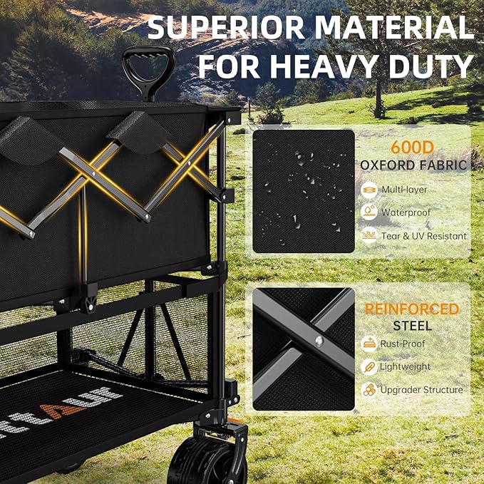Foldable 50''L Extra Long Double Decker Wagon for Sport, 400L Collapsible Heavy Duty Wagon Cart with Big Wheels, Utility All-Terrain Large Extender Cart for Outdoors