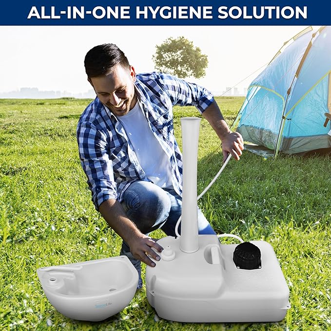 SereneLife Portable Camping Sink with 19L (5+ Gallon) Water Tank, Hands-Free Foot Pump, Soap Dispenser & Towel Holder, Compact Design with Carry Handle – Perfect for Camping, Worksites, Outdoors