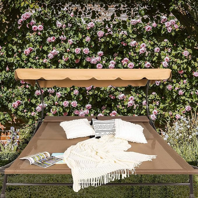 Sunnyglade 6.6'L x 6.5'W Patio Double Chaise Lounge Bed with Canopy,Headrest Pillow and Wheels,Portable Outdoor Hammock Bed for Backyard,Lawn,Garden,Courtyard,Brown