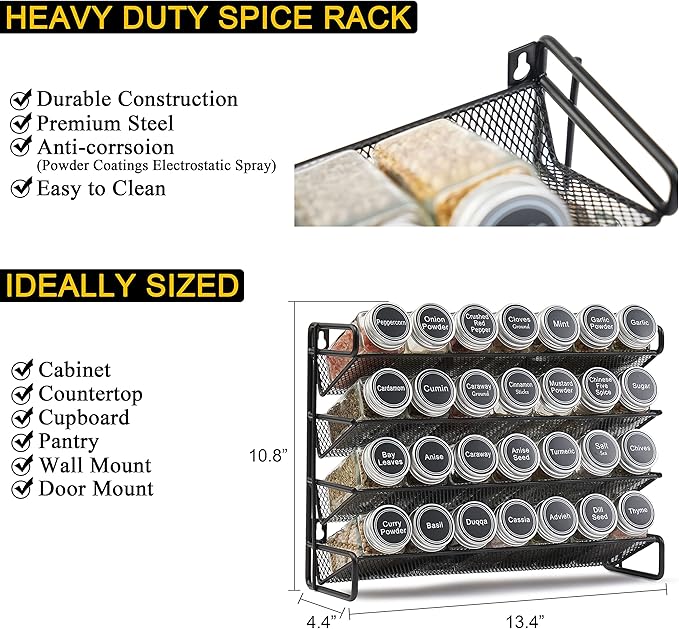 SpaceAid Spice Rack Organizer with 28 Spice Jars, 386 Spice Labels, Chalk Marker and Funnel Set for Cabinet, Countertop, Pantry, Cupboard or Door & Wall Mount - 28 Jars, 13.4" W × 10.8" H, Black