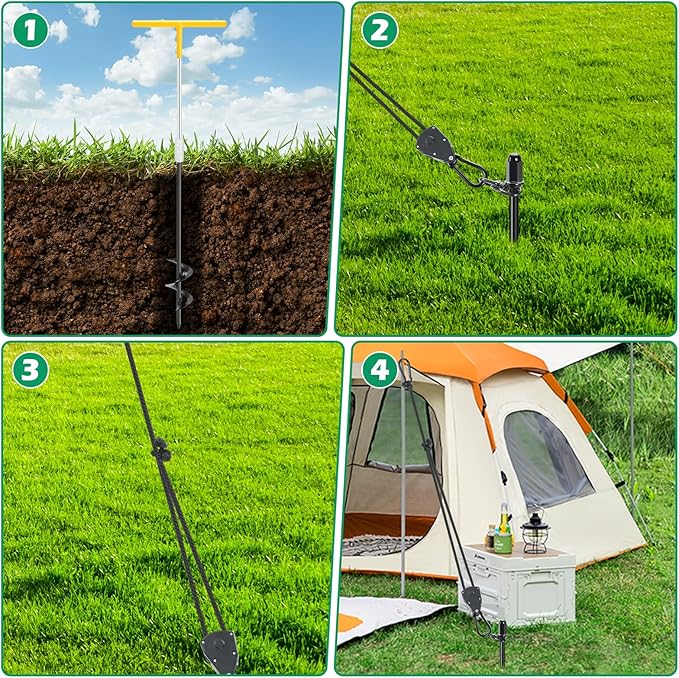 Ground Anchors, 6 Pack 17.7" Screw in Tent Stakes Heavy Duty Kit with 6 Adjustable RV Awning Tie Down Ratchet Ropes for High Winds, Earth Anchors for Shed Trampoline Canopy Gazebo Swing Set Camping