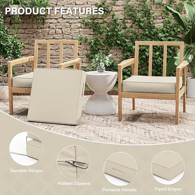 Patio Chair Cushions 22 X 22 X 4 Inch Waterproof Outdoor Seat Cushions for Patio Furniture, Outdoor Sofa Couch Pads with Ties & Handle, Set of 2, Cream