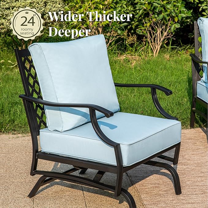 Patio Furniture Set with Fire Pit Table, 5 Pcs Metal Outdoor Conversation Set, 4 Rocking Chairs with 5.75" Extra Thick Cushion and 28" Fire Pit Table for Backyard Deck, Blue