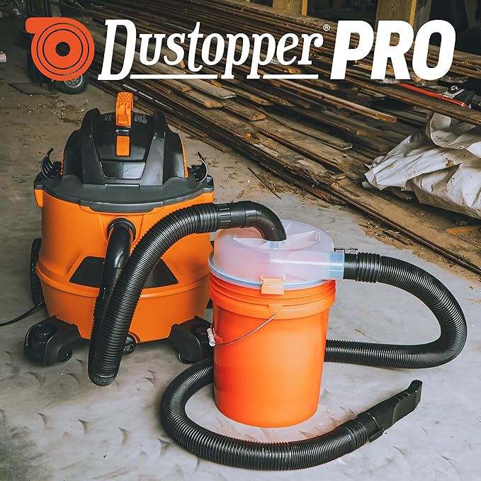 The Dustopper PRO, Low-Profile Dust Separator for Shop Wet/Dry Vacuums. Includes High-Flow 90 Degree Sweep Elbows and Connection Hose. Fits Standard 5 Gallon Buckets, Made in USA