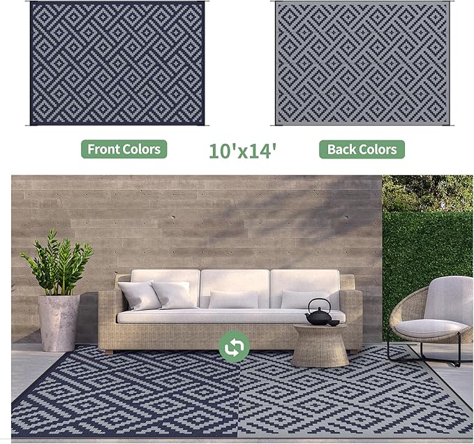 GENIMO Outdoor Rug for Patio Clearance, 10'x14' Waterproof Camping Mat, Reversible Plastic Straw Rugs for RV, Camper, Balcony, Backyard, Picnic, Deck (Blue & Grey)
