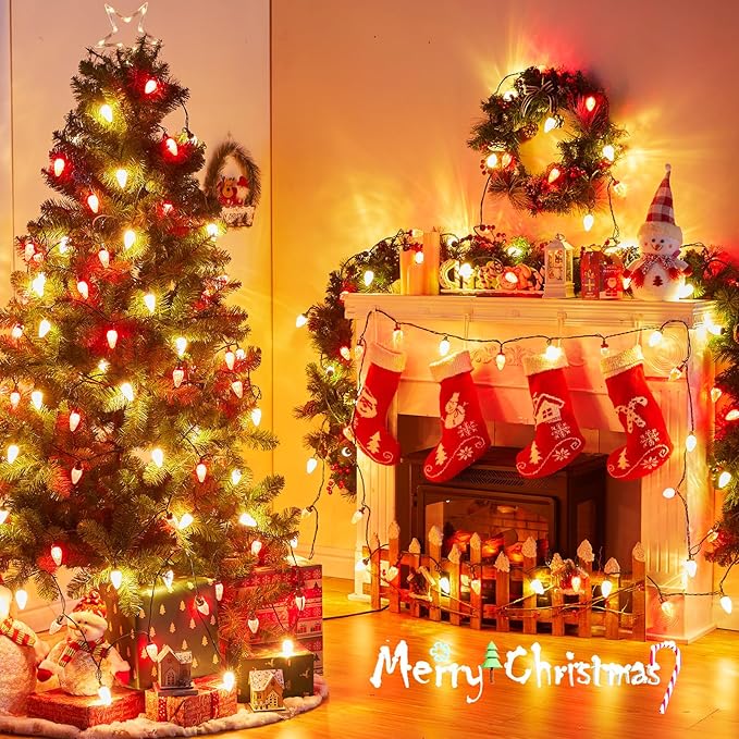 C9 LED Christmas Lights Outdoor, 81 Feet 100 LED String Lights with Timer & 8 Light Mode, Waterproof Commercial Grade Christmas Tree Lights for Outside Indoor Roofline Patio, Red & Warm White 2 Pack