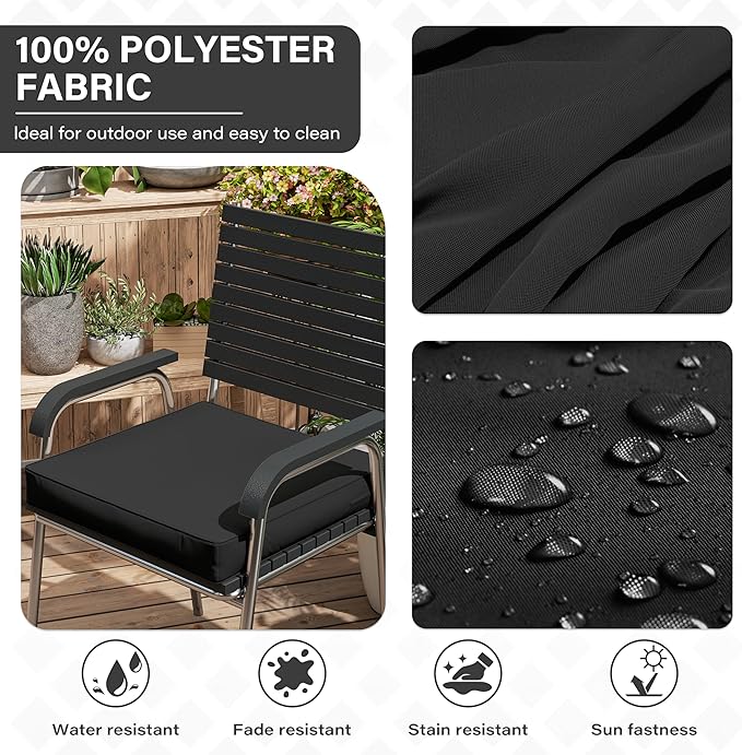 Patio Chair Cushions 17 X 16 X 3 Inch Waterproof Outdoor Seat Cushions for Patio Furniture, Outdoor Sofa Couch Pads with Ties & Handle, Set of 2, Black