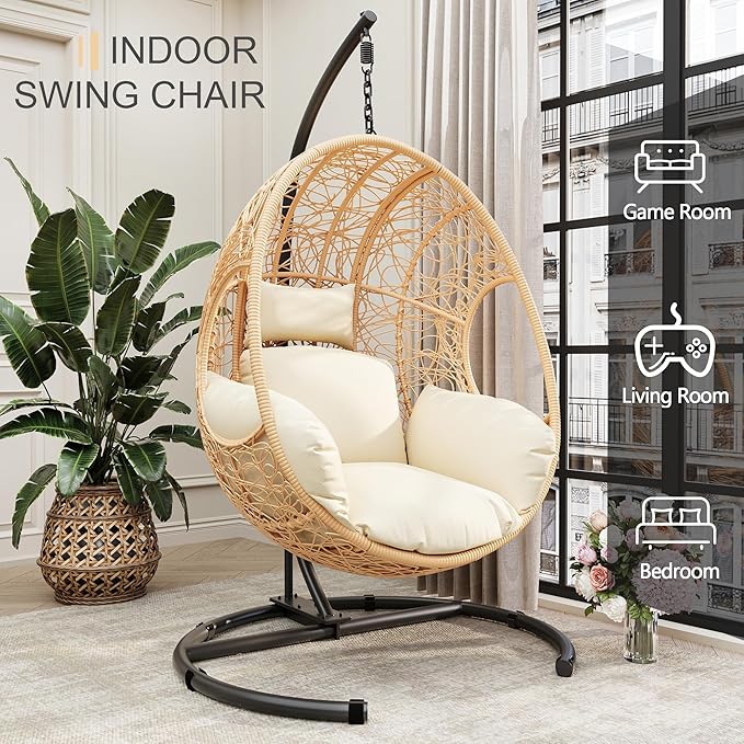 Oversized Hanging Egg Chair Outdoor Indoor, Wicker Swing Egg Chair with Stand 400lbs Capacity for Bedroom, Patio, Garden and Balcony (Beige-nest, Oversize)