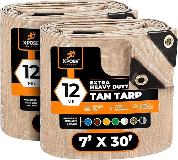 Heavy Duty Tan Poly Tarp 7' X 30' (2-Pack) - Multipurpose Protective Cover - Durable, Waterproof, Weather Proof, Rip and Tear Resistant - Extra Thick 12 Mil Polyethylene - by Xpose Safety