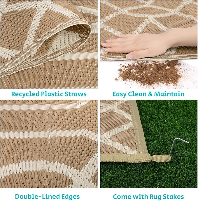 HEBE Outdoor Rug Waterproof 9x12, Reversible Plastic Straw Rug RV Camping Rug, Indoor Outdoor Patio Mat Clearance, Outside Carpet for Porch,Deck,Camper,Balcony,Backyard,Picnic