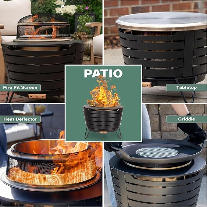 TIKI 25-Inch Smokeless Patio Fire Pit, Wood Burning with Removable Ash Pan & Weather-Resistant Cover, Modern Black Design – Ideal Outdoor Smokeless Fire Pit for Backyard & Patio