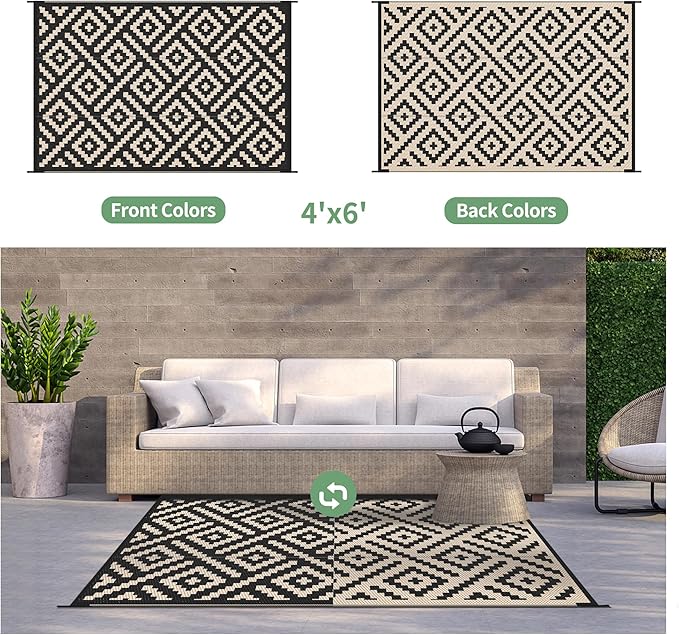 GENIMO Outdoor Rug 4'x6' Waterproof, Reversible Camping Mat, Plastic Straw Rugs for Patio, RV, Camper, Balcony, Backyard, Picnic, Deck (Black & Beige)