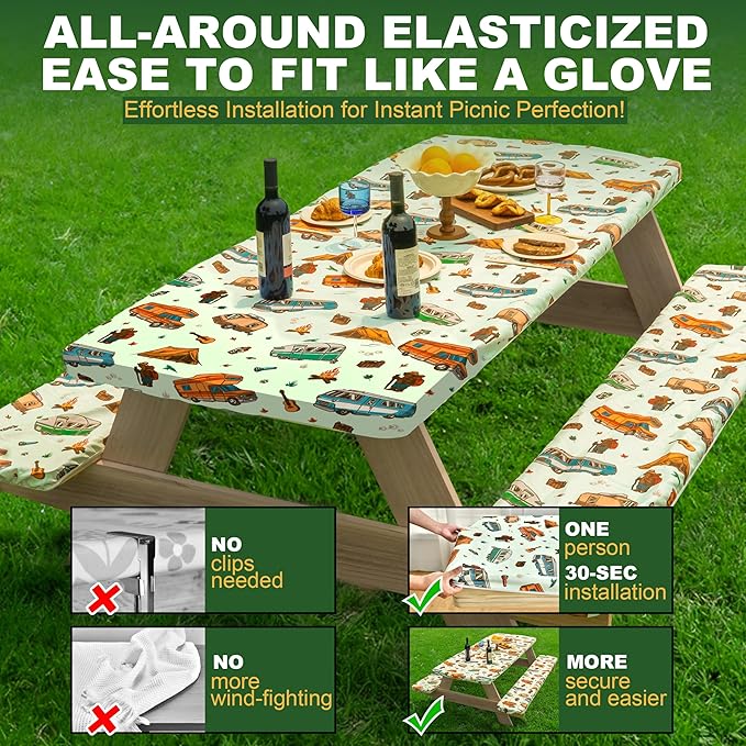 72 X 30 Inch Elastic Fitted Camping Table Cover with Bench Covers & Storage Bag, Picnic Tablecloth, Fits 6ft Picnic Tables, Polyester, Washable, Spill Resistant, Waterproof - Vintage