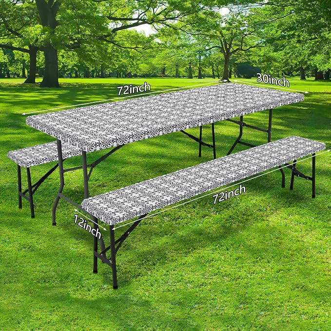 DYNH 3 Pcs Picnic Table Cover with Bench Covers, 6ft Elegant Patterns Waterproof Reusable Elastic Fitted Rectangle Picnic Table Cloths,30x72IN Picnic Tablecloth for Camping Patio Travel Outdoor