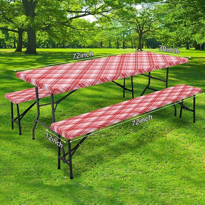 DYNH 3 Pcs Picnic Table Cover with Bench Covers, Waterproof Reusable Elastic Fitted Rectangle Picnic Table Cloths,30x60IN Red Plaid Picnic Tablecloth for Camping Patio Travel Outdoor,2