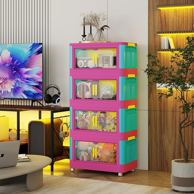 Holaki 156 QT Storage Bins with Lid, 4 Tiers Collapsible Closet Organizers, Stackable Plastic Storage Bins Cabinet Box with Wheels and Magnetic Door for Princess Room, Girl(Colorful)