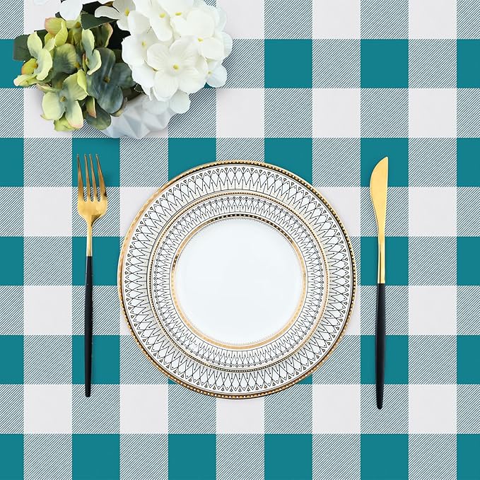 misaya Rectangle Waterproof Vinyl Table Cloth, Buffalo Flannel Backed Tablecloth, Wipeable Plastic Table Cover for Dinner, Kitchen, Outdoor (60" x 102", Turquoise and White)